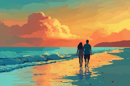A couple walking on the beach at sunset, with a vibrant and colorful sky reflecting on the water. Flat vector illustration.のイラスト素材