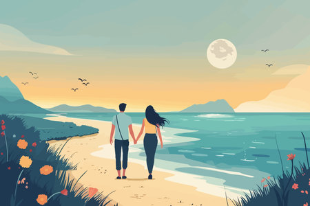 A couple walking hand in hand on a beach during sunset, with a beautiful view of the sun setting over the ocean. Flat vector illustration.のイラスト素材