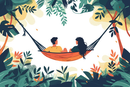 Couple relaxing in a hammock surrounded by lush foliage and colorful leaves, enjoying a peaceful moment. Flat vector illustrationのイラスト素材