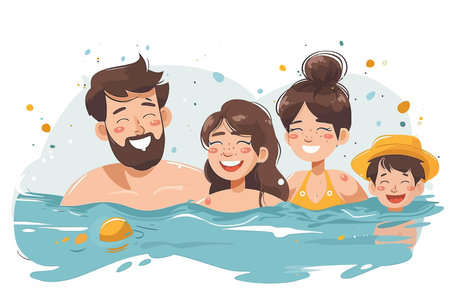 A happy family swimming together, having fun and enjoying each other's company in the water. Flat vector illustration.のイラスト素材
