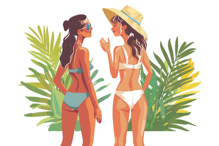 Two women in swimwear enjoying a tropical day with lush green foliage in the background. Flat vector illustrationのイラスト素材