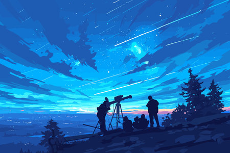 Group of people stargazing and observing the night sky with telescopes on a hill. Flat vector illustration.のイラスト素材