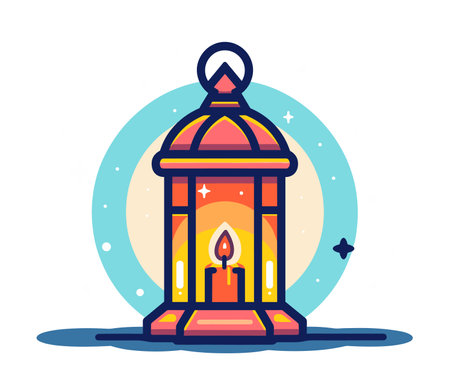 A vibrant lantern with a candle flame inside, illustrated with bright colors and clean lines against a circular background. Flat vector illustration.のイラスト素材
