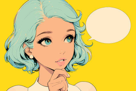 A thoughtful girl with blue hair and a speech bubble, illustrated with vibrant colors and clean lines. Promotional modern poster. Flat vector illustration.のイラスト素材