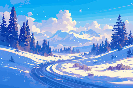 A winding road through a snowy mountain valley, surrounded by tall pine trees and distant snow-capped peaks. Flat vector illustration.のイラスト素材