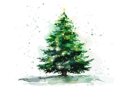 A Christmas tree decorated with lights and ornaments, set against a white background with green and yellow accents. Flat vector illustration.のイラスト素材