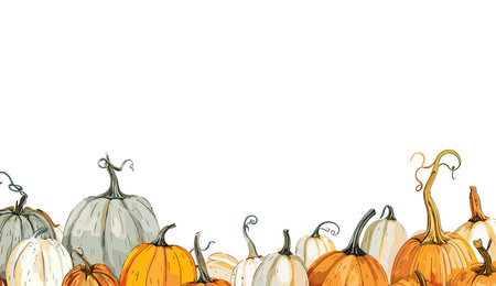 A variety of pumpkins arranged in an autumnal scene, set against a white background with leaves and vines. Flat vector illustration.のイラスト素材