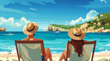 A couple sitting on beach chairs facing the ocean, enjoying a sunny day with clear blue skies and a distant coastline. Flat vector illustration.のイラスト素材