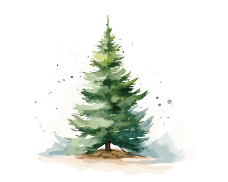 A single evergreen tree standing alone on a small mound with a lightly snow-dusted ground. Flat vector illustration.のイラスト素材