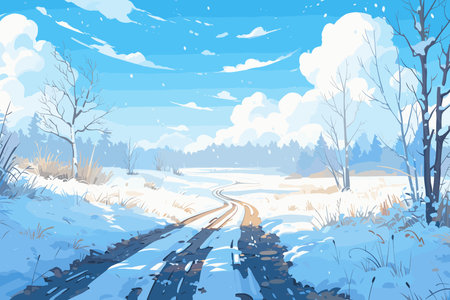 A beautiful winter scene with a snow-covered road winding through a forest of tall, snow-dusted trees. The sky is clear and blue, adding to the crisp, serene atmosphere.のイラスト素材