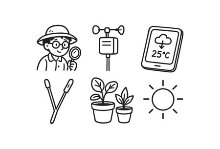 hand drawn cute doodle style line isolated on white background: microclimate researcher weather sensor data tablet air probe plant pots sun iconのイラスト素材