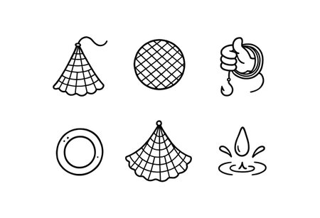 hand drawn cute doodle style line isolated on white background: cast net circular mesh hand line lead ring spread motion splash dropのイラスト素材