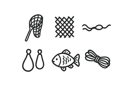 hand drawn cute doodle style line isolated on white background: fishing net mesh weave float line sink weights catch fish fold bundleのイラスト素材