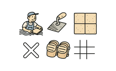 hand drawn cute doodle style line isolated on white background: tile layer floor trowel ceramic tiles spacer cross knee pads grout linesのイラスト素材