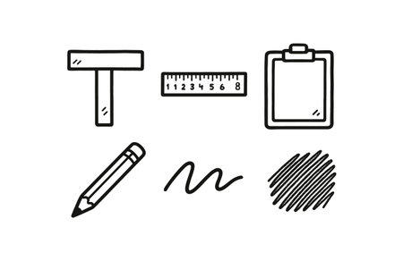 hand drawn cute doodle style line isolated on white background: T head long blade straight edge cm scale board guide pencil strokeのイラスト素材