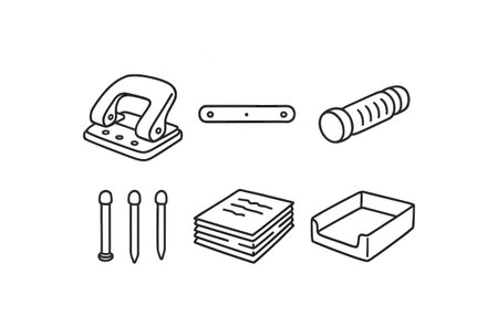 hand drawn cute doodle style line isolated on white background: triple hole punch alignment bar handle grip punch pins paper stack storage trayのイラスト素材