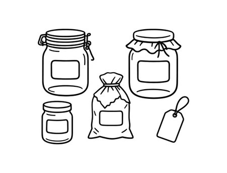 flat vector handdrawn black and white bold clean outlines white background zero waste pantry storage glass jars clamp lids cloth covers wax wraps label tags blank no logosのイラスト素材