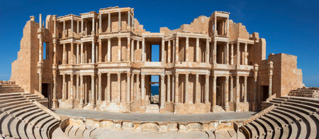 Tripoli, Libya, 6 November 2009. The Theater of Sabratha, situated in Sabratha, 70km west of Tripoli, dating back to the 2nd Century AD. It is situated on the Mediterranean Coast and of immense archeological value, but is endangered by erosion, as the matのeditorial素材