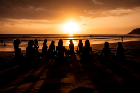 AI generated illustration of silhouettes of unrecognizable women sitting on sandy beach near calm sea against sundown sky in eveningの素材