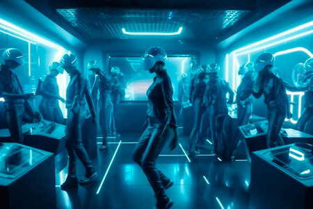 Generative AI image of group of women cyborg wearing VR headsets in futuristic illuminated room with blue neon lightsの素材