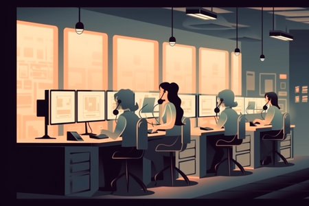 Vector illustration of a modern office interior with computers and people working.の素材