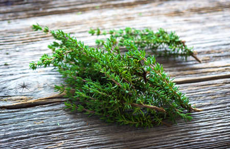 Fresh organic thyme on a wooden background