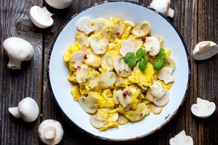 Scrambled eggs with mushroom and Corianderの写真素材