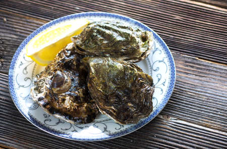 Fresh oysters  with ice and lemon on a wooden backgroundの写真素材