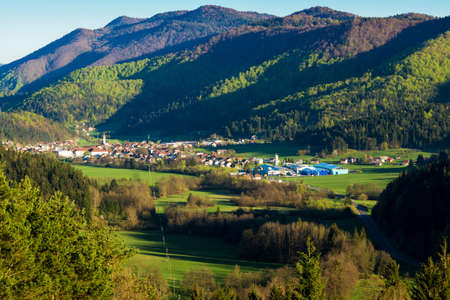 Mountain village with clear blue skyの写真素材