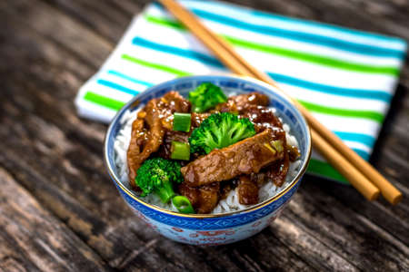Beef in sauce with broccoli and riceの写真素材