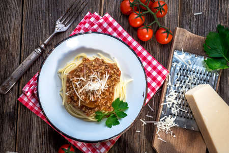 Spaghetti with bolognese sauce and parmesanの写真素材