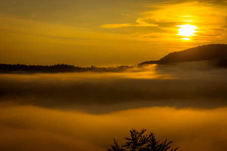 Amazing mountain landscape with fog in morningの写真素材