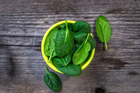 Baby spinach leaves on old rustic tableの写真素材