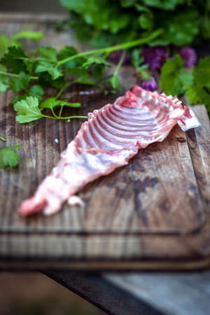  Raw fresh rabbit meat on wooden backgroundの写真素材