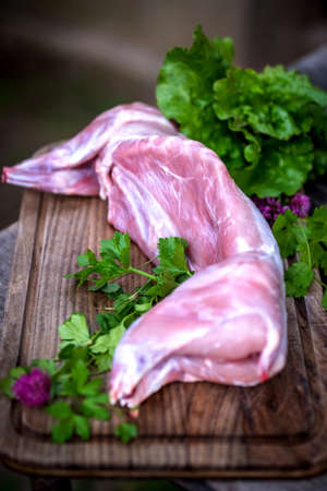  Raw fresh rabbit meat on wooden backgroundの写真素材