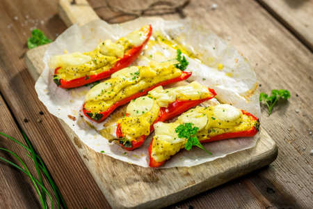 Roasted peppers with polenta and mozzarellaの写真素材