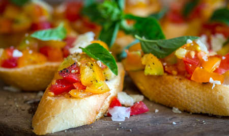 Bruschetta with tomato, garlic and basilの写真素材