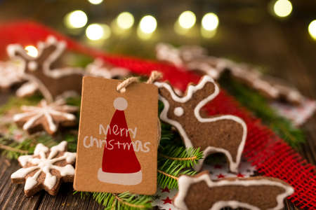 Christmas cookies on rustic wood backgroundの写真素材