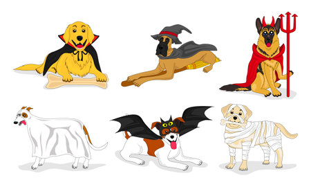 a collection of cute dogs in Halloween costumes, great for children's book illustrations, stickers, websites, mobile applications, t-shirts, printing and moreのイラスト素材