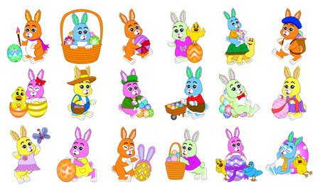 a collection of cute rabbit illustrations holding easter eggs, decorating easter eggs and moreのイラスト素材