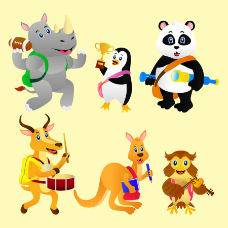 Set of cartoon animal pictures, school activity themes, animals carrying bags, books, etc., good for book covers, stationery, children's illustrations, consumer goods packaging, edのイラスト素材