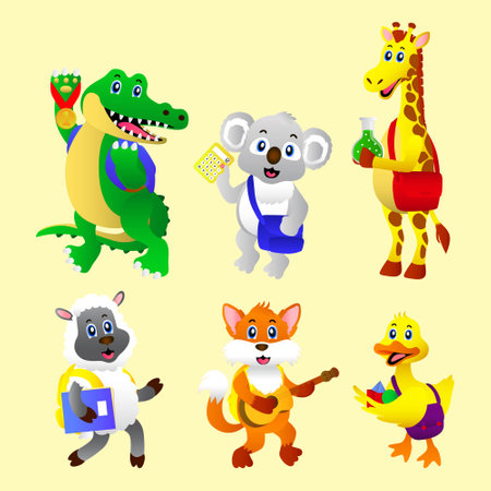 Set of cartoon animal pictures, school activity themes, animals carrying bags, books, etc. good for book covers, stationery, children's illustrations, consumer goods packaging, edのイラスト素材