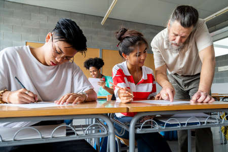 Mature caucasian male teacher with beard assisting asian high school girl student with task....