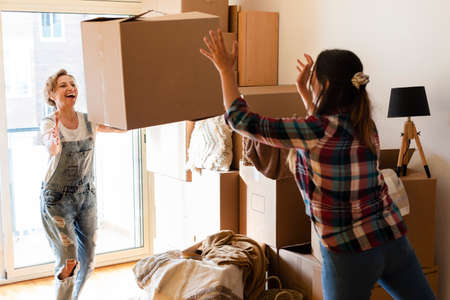 Moving in. One woman passes a cardboard box to another woman to put in a pile. Copy space. Moving concept.の写真素材