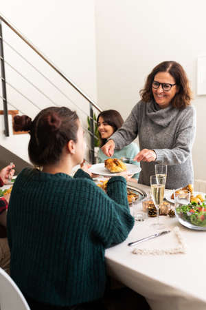 Christmas family dinner. Mother serves daughter piece of roasted chicken. Happiness. Vertical. Copy space.の写真素材