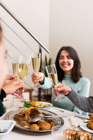 Young caucasian woman toast with champagne to celebrate Christmas with family at home. Vertical.Selective focus on hand.の写真素材