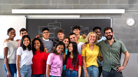 Multiracial teen high school students group class portrait with teacher looking at camera.の写真素材