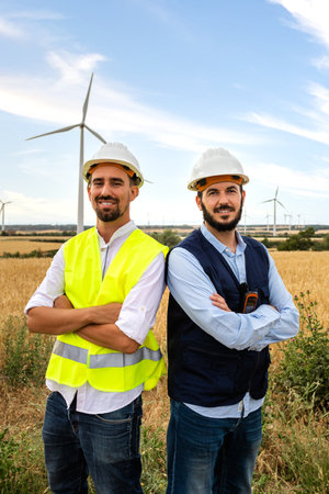 Electric engineer and maintenance worker standing at wind turbine farm with arms crossed looking at camera. Verticalの写真素材