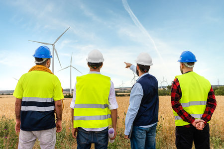 Rear view of group of electric engineers and maintenance workers looking at wind turbine farms....