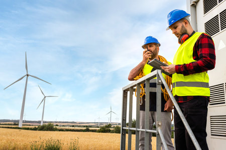 Maintenance workers in wind turbine farm repairing electrical problem. Communicating with walkie-talkie. Copy space.の写真素材